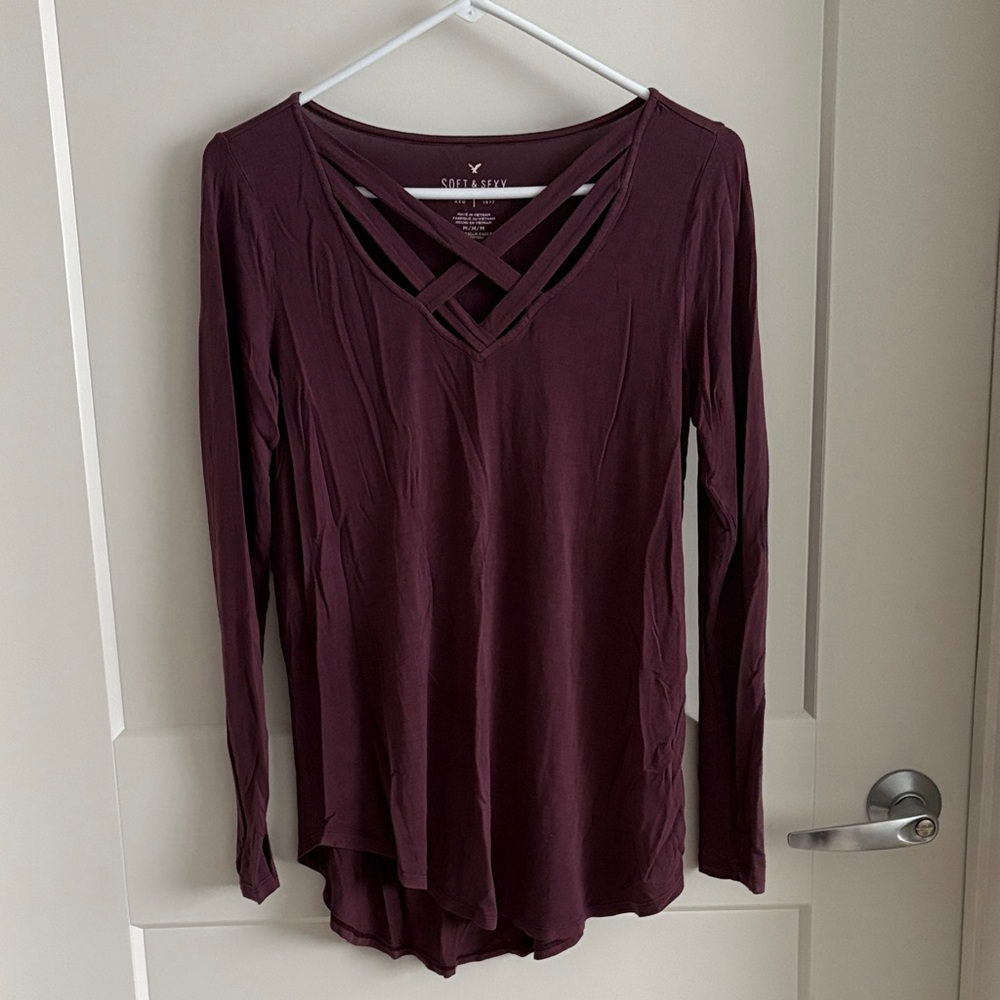 American Eagle Outfitters Long Sleeve Crisscross V-Neck Top - Burgundy